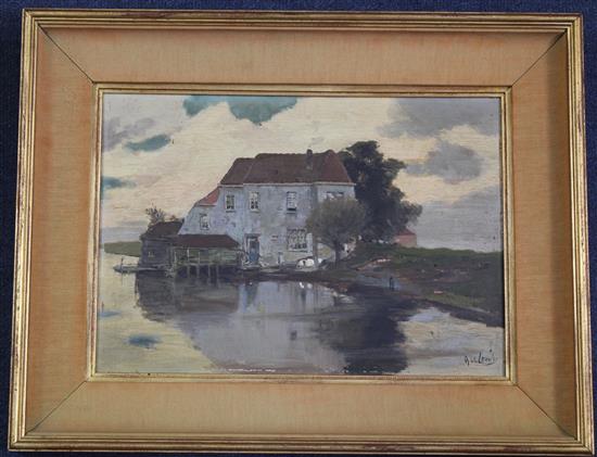 Adolphe Le Comte (Dutch, 1850-1921) Waterside house, 8.75 x 12.25in.